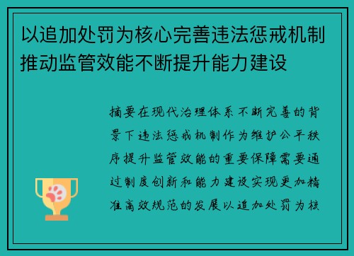 以追加处罚为核心完善违法惩戒机制推动监管效能不断提升能力建设 以追加处罚为核心完善违法惩戒机制推动监管效能不断提升能力建设